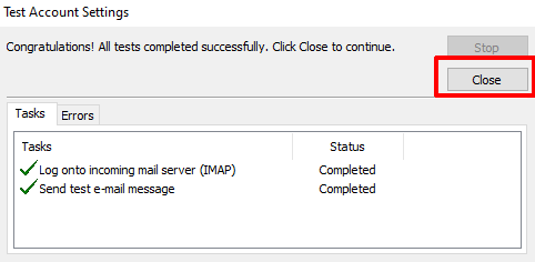 Outlook 2010 Test Connection Dialog