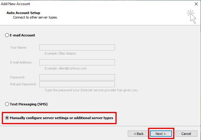 Outlook 2010 Select Manual Setup