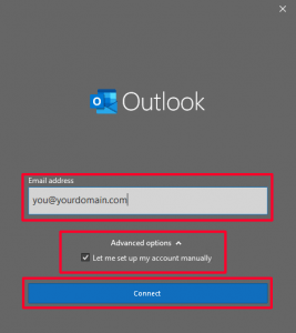 Enter your email address, select advanced options, check Let me set up my account manually, then click Connect