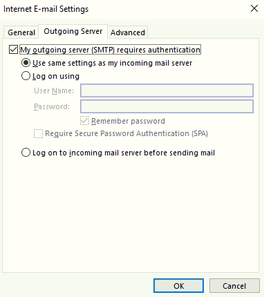 Outgoing Server Settings