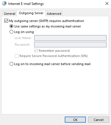 Outgoing Server Settings