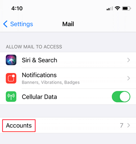 Accounts option in Mail Settings