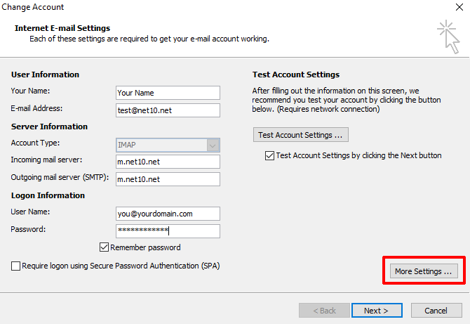 Outlook 2010 Account Settings