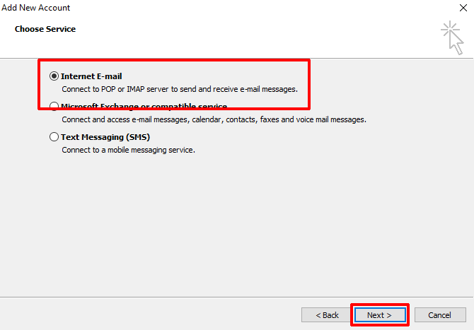Microsoft Outlook 2010 Select Internet Email