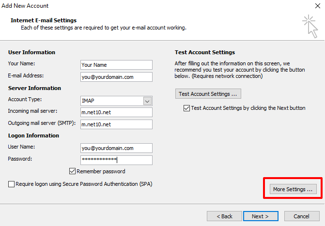 Outlook 2010 Account Settings