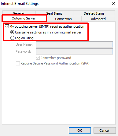 Outlook 2010 Outgoing Server Settings