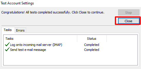 Outlook 2010 Click Close on Test Dialog