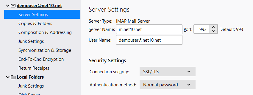 Thunderbird - Incoming Settings