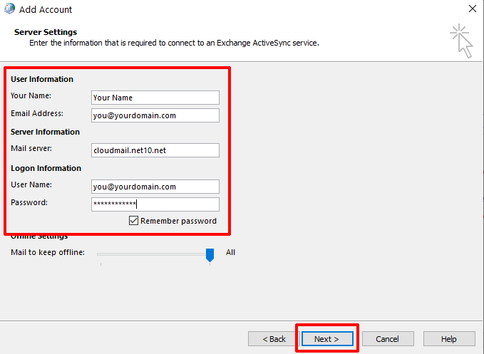Fill out account details
