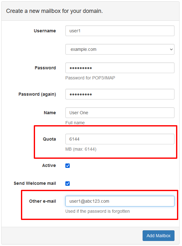Mail Admin - Add Mailbox